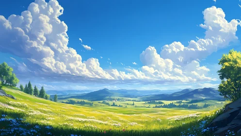 Expansive rural valley under cumulus clouds at midday.