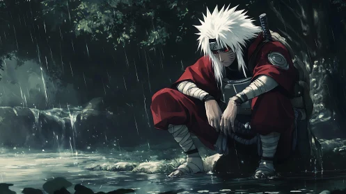 Rain-soaked warrior broods beside a hush of falling water.