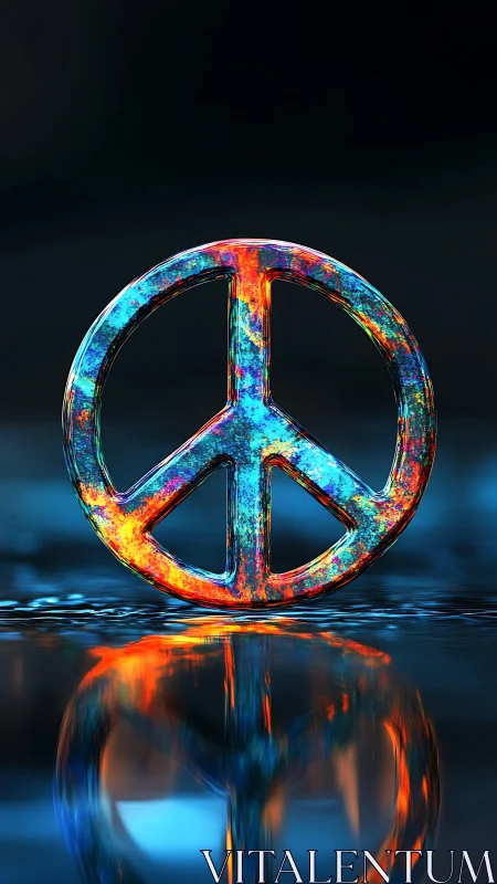 Vibrant 3D peace symbol with reflective water surface