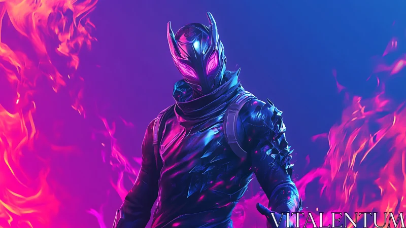 Neon flame warrior strides through ultraviolet inferno night.