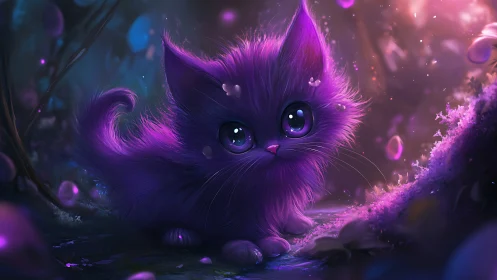 Luminescent Purple Cat. Magical creature radiates neon glow amid particle effects.