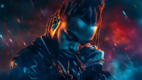 Chromatic portrait of jeweled figure in neon bokeh rainfield.