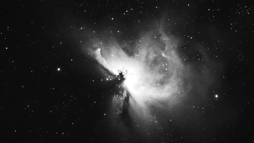 Monochrome nebula glows against a dense starfield backdrop.