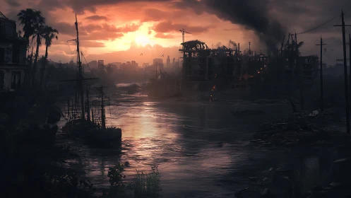 Postwar riverfront ruins under incendiary sunset sky.
