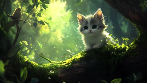 Luminescent Kitten Rests on Mossy Forest Log.