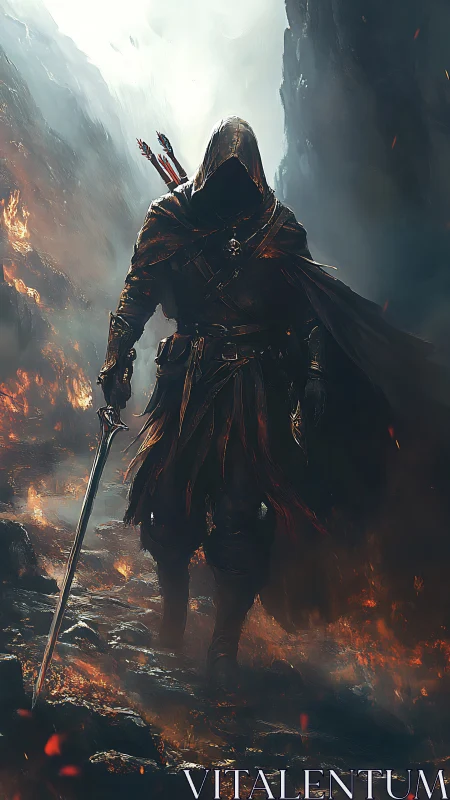 Digital painting of hooded rogue in volcanic ravine environment.