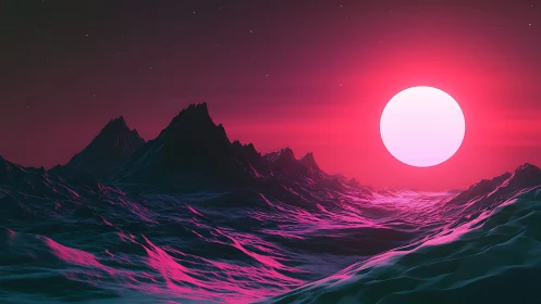 Neon magenta sun over low-poly alien mountain seascape.