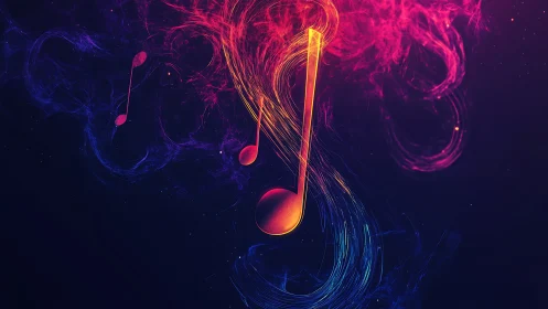 Glowing musical notes swirl through neon cosmic smoke.