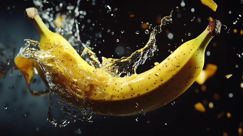 Joyful bananas splash through water in a lively close-up