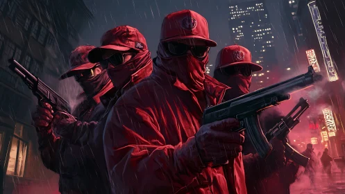 Armed masked group in red coats under city night rain.