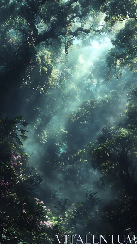 Ethereal Forest Canopy With Verdant Mist Light.