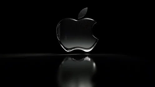 Glass-rendered apple emblem floats above glossy dark plane