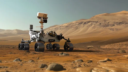 Mars exploration rover stands on arid rocky plain under hazy sky