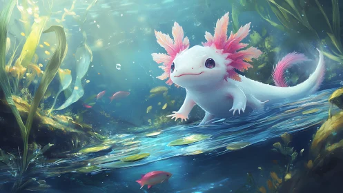 Cute fantasy axolotl in bright underwater stream scene.