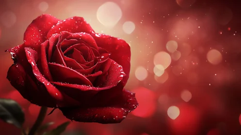 Red Rose with Dewdrops Against Luminous Bokeh Background.