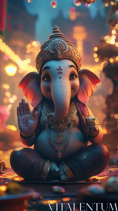 Baby Ganesha idol sits glowing amid festive temple lights