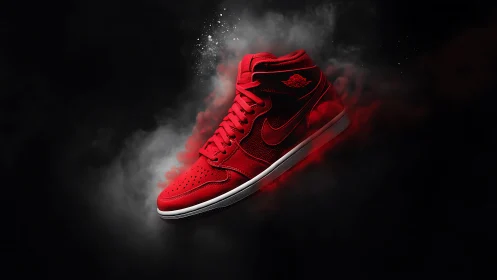 Red athletic sneaker floats in smoke on black background