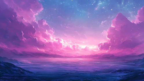 Digital painting of celestial magenta seascape horizon space.