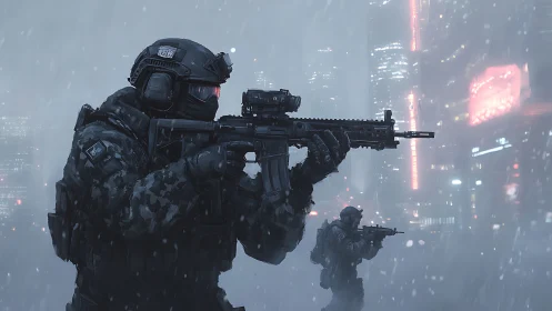 Cybernetic urban operators advancing through neon winter fog