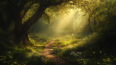 Forest path bathed in golden sunlight through dense canopy
