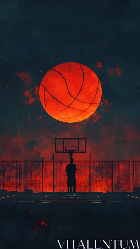 Silhouetted player under blazing cosmic basketball moon.