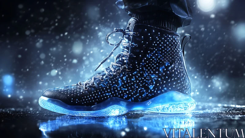 Electric blue sneakers glow boldly against the rainy night