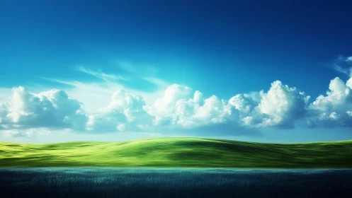 Rolling green hills meet bright blue sky in tranquil panorama.