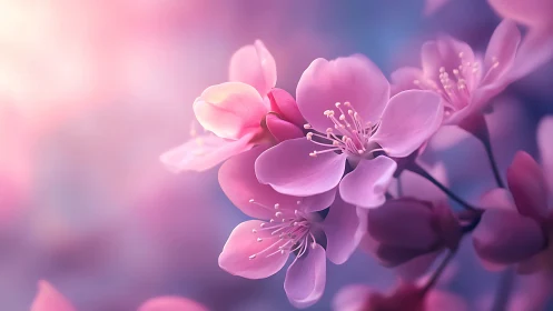 Delicate Pink Peach Blossoms With Luminous Stamens in Soft Focus.