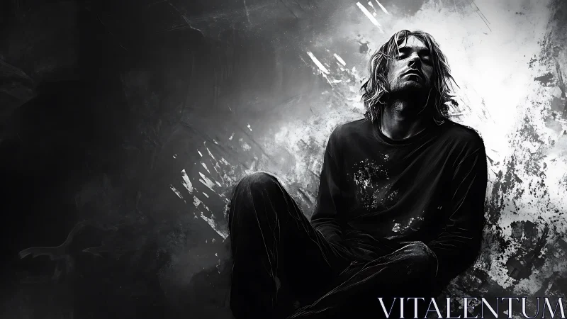 Brooding figure slumps amid abstract monochrome splatter