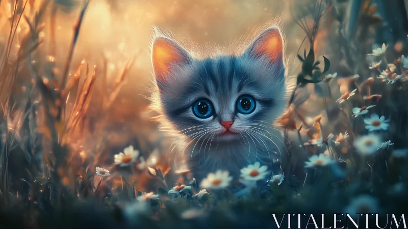 Blue Kitten Portrait in Wildflower Meadow Setting