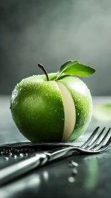 Precision-lit green apple cross-section with metallic cutlery.