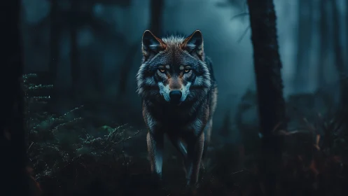 Wolf stands in dim forest under low-key blue-toned lighting