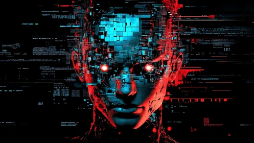 Neon code-faced sentinel rising from fractured data night.