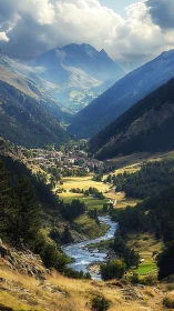 Mountain valley town with river and distant peaks under clouds