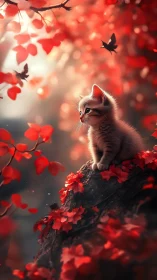 Kitten sitting on forest rock among vivid red leaves.