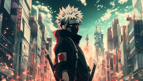 Masked swordsman dominates neon-lit dystopian city canyon in flames