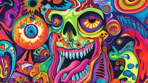 Vibrant neon skull grins amid swirling psychedelic chaos
