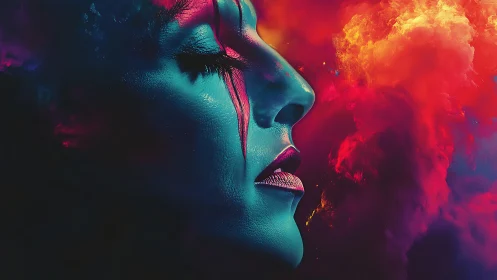 Profile of painted face against dense multicolor clouds.