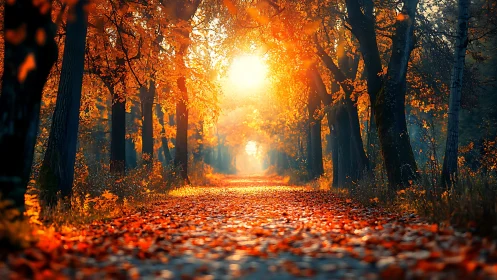 Autumn Sunlight Through Golden Forest Path