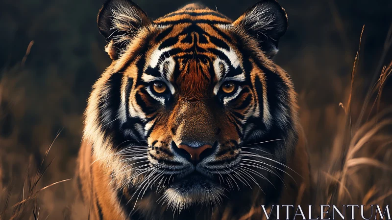 Tiger frontal portrait shows detailed facial markings clearly