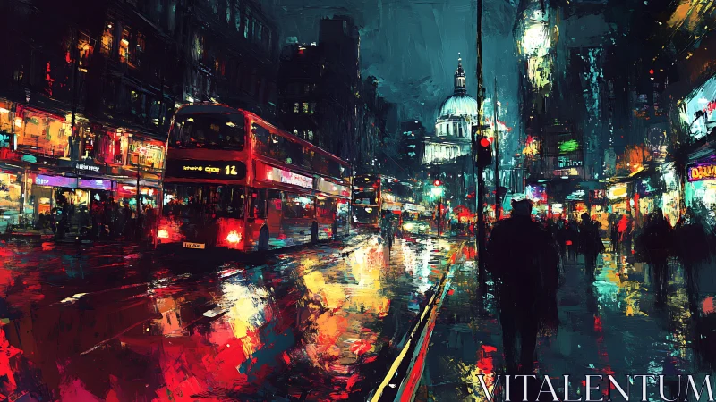 Cozy London night with glowing buses and rainlit streets.