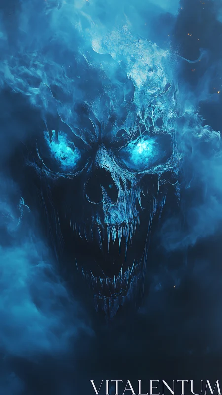 Skull-like spectral face formed in dense blue vapor field.