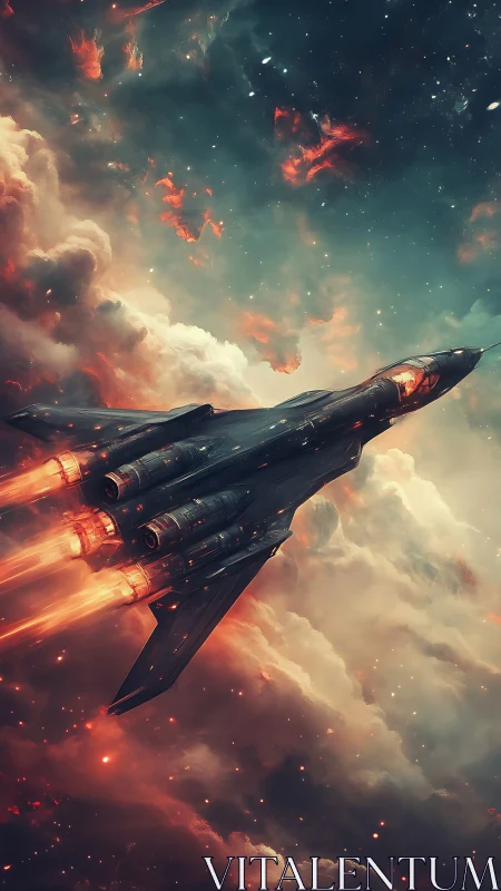 Starlit skyfighter climbing through glowing cosmic clouds.