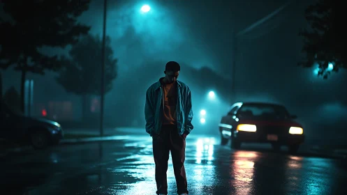 Cinematic night portrait on rain-soaked suburban street scene.