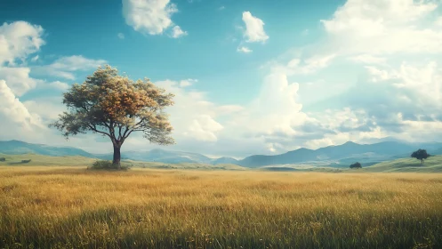 Single tree stands in wide grassy field under bright sky