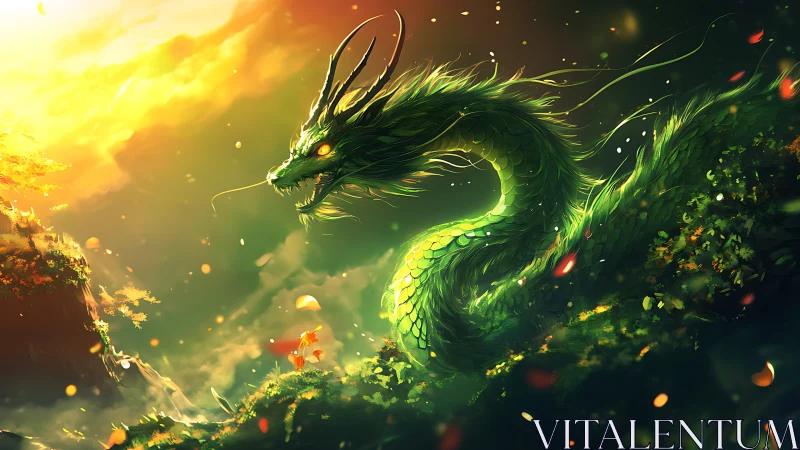 Emerald dragon coils through glowing sunset valley in mythic calm