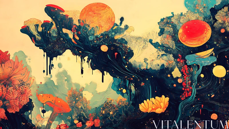 Surreal cosmic forest drifts through glowing fungal dreams