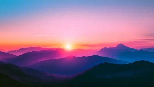 Luminous gradient sunrise over stylized violet mountain ridges.