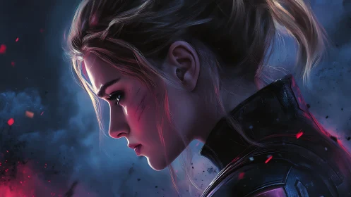 Side-profile cyber warrior in ember-lit battlefield haze