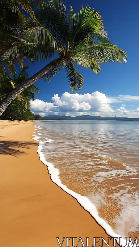 Tropical beach scene with palm tree and ocean waves